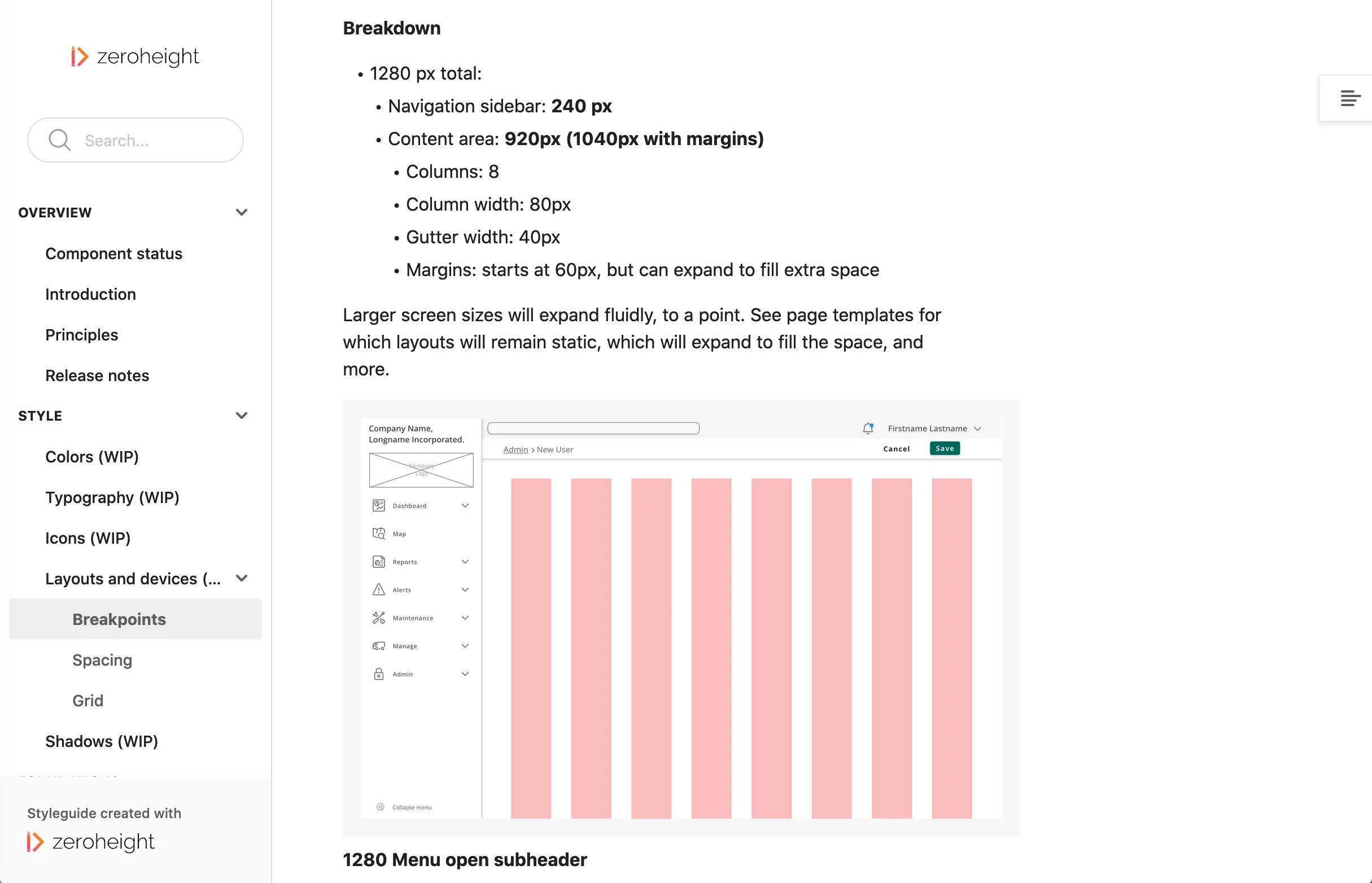 Design system documentation in Storybook, showing layout and grid spec