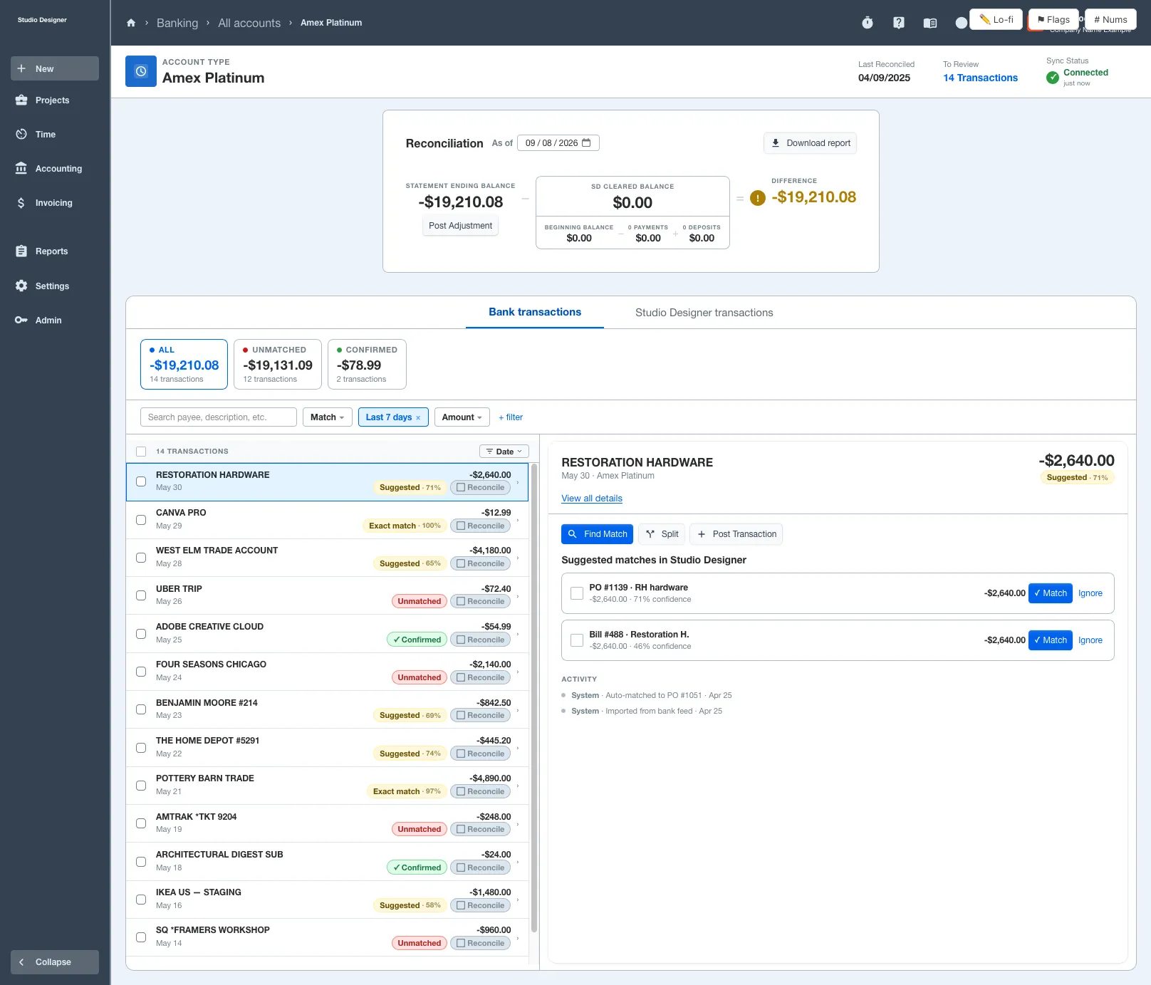 Reconciliation transaction matching screen, showing suggested matches